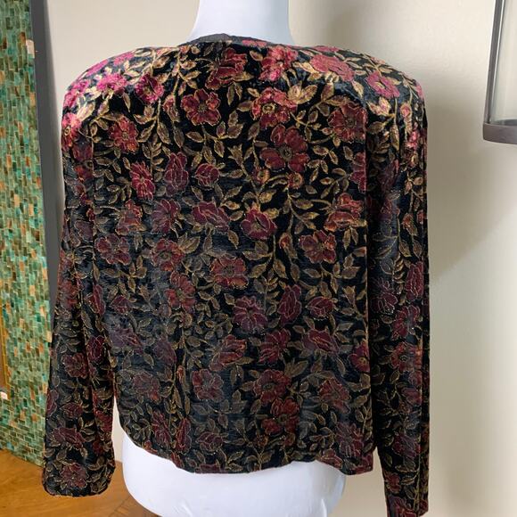 Vintage Size L Velvet Floral Print Crop Jacket Puff Sleeve Gold Etched - Picture 2 of 11